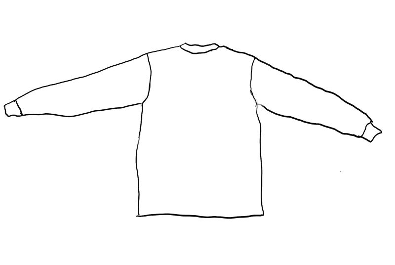 Sketch of folding a long sleeve T-shirt step 1: shirt is facedown and flat